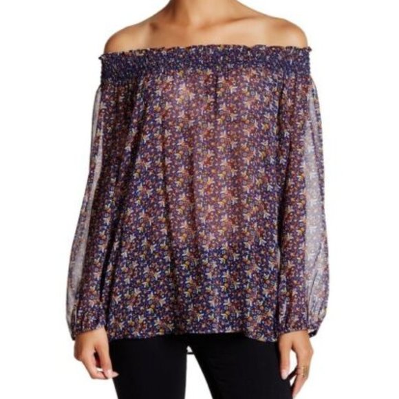 JOIE Azzedine Silk Multicolor Smocked Off Shoulder Sheer Pattern Blouse XS $268 - Picture 1 of 7